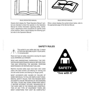 May include: Page from a manual with safety information. Includes illustrations of an open book and a wrench over a book. Text includes "Safety Rules" and a warning symbol with the text "Safety".