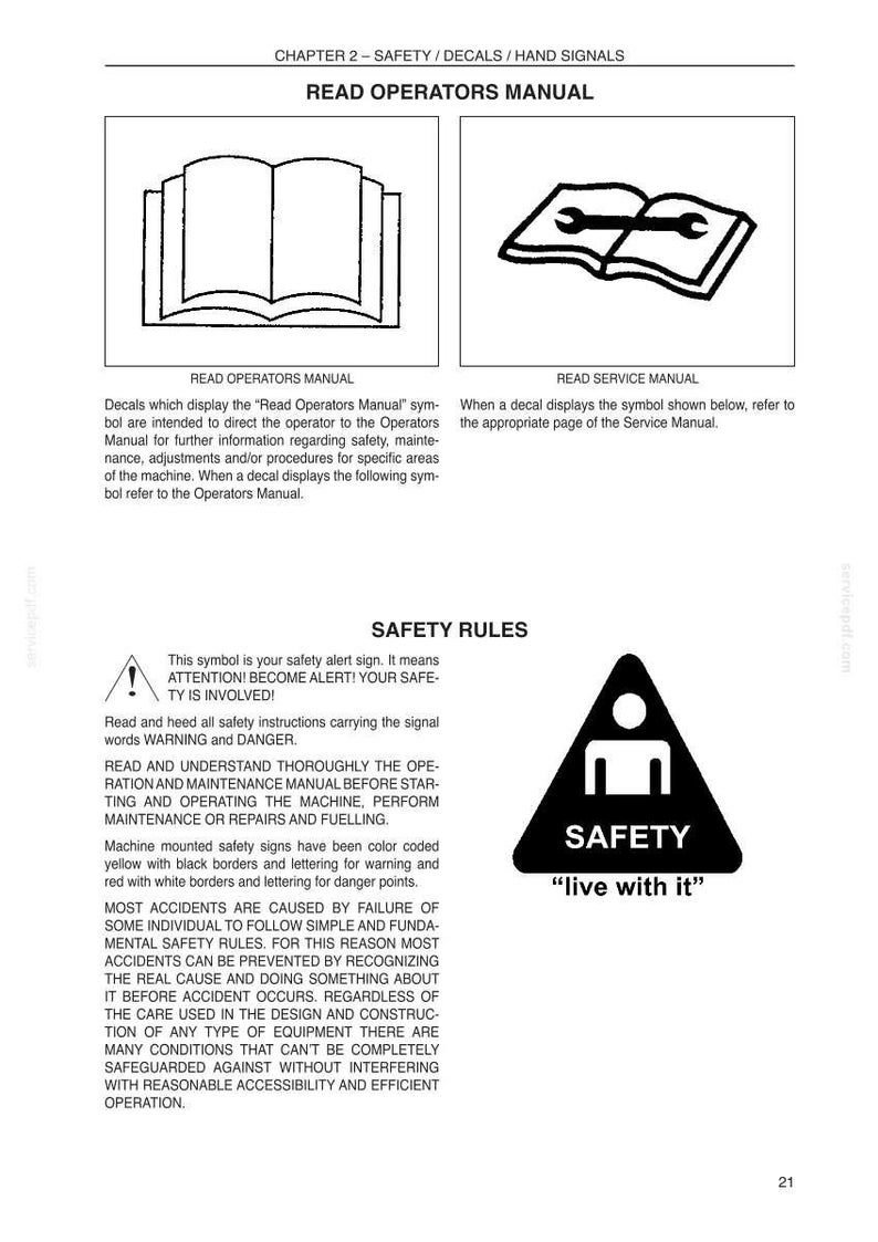 May include: Page from a manual with safety information. Includes illustrations of an open book and a wrench over a book. Text includes "Safety Rules" and a warning symbol with the text "Safety".