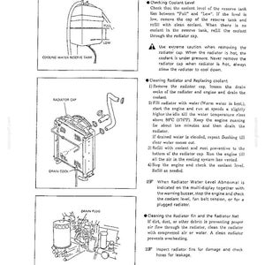 May include: A technical manual page featuring black and white line drawings of a cooling water reserve tank, a radiator cap assembly, and a drain plug. The text provides instructions for checking coolant levels, cleaning the radiator, and maintenance.