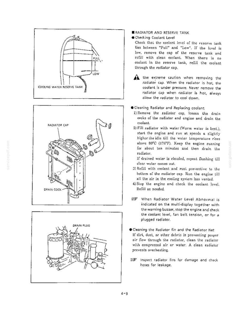 May include: A technical manual page featuring black and white line drawings of a cooling water reserve tank, a radiator cap assembly, and a drain plug. The text provides instructions for checking coolant levels, cleaning the radiator, and maintenance.