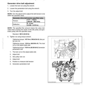 Pode incluir: Diagrama do motor com instru&ccedil;&otilde;es de instala&ccedil;&atilde;o da correia. O texto detalha a instala&ccedil;&atilde;o e ajuste da correia de transmiss&atilde;o do gerador, incluindo especifica&ccedil;&otilde;es de torque em N&middot;m e lb ft. Medidas em mm e lb.