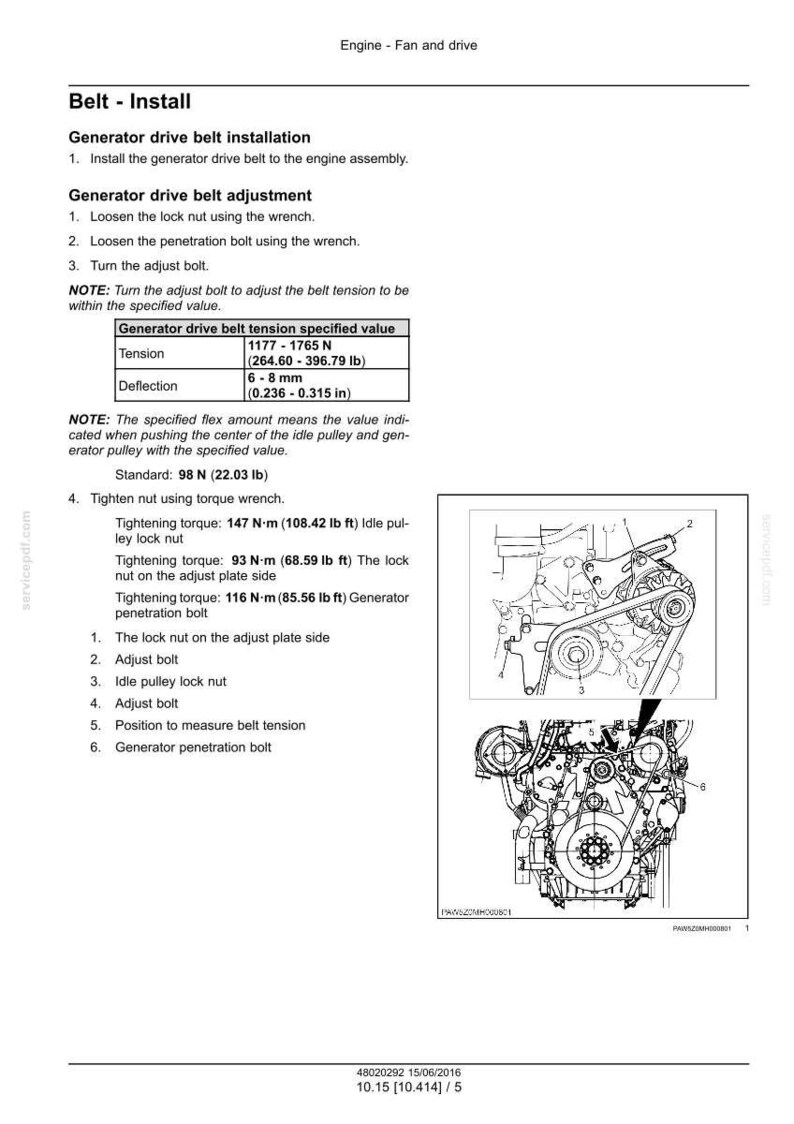 Pode incluir: Diagrama do motor com instru&ccedil;&otilde;es de instala&ccedil;&atilde;o da correia. O texto detalha a instala&ccedil;&atilde;o e ajuste da correia de transmiss&atilde;o do gerador, incluindo especifica&ccedil;&otilde;es de torque em N&middot;m e lb ft. Medidas em mm e lb.