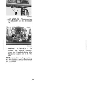 May include: A technical manual page titled INSTRUMENTS/OPERATING CONTROLS featuring two black and white diagrams. The first shows air nozzles labeled 5, and the second shows a parking interlock mechanism labeled 6 with instructional text.