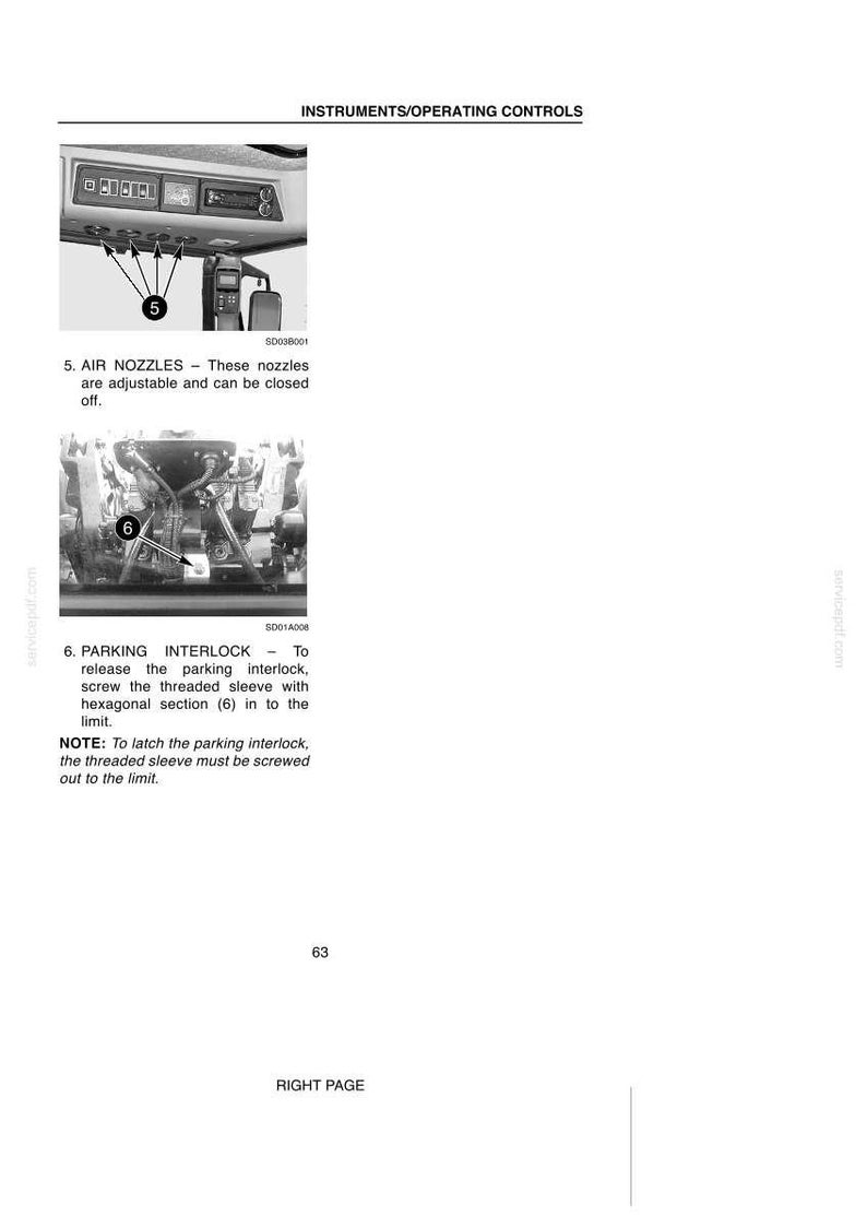 May include: A technical manual page titled INSTRUMENTS/OPERATING CONTROLS featuring two black and white diagrams. The first shows air nozzles labeled 5, and the second shows a parking interlock mechanism labeled 6 with instructional text.