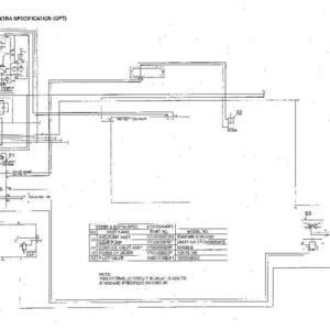 May include: A technical black and white hydraulic circuit diagram titled 2.4 DOZER & EXTRA SPECIFICATION (OPT) featuring schematic symbols, connecting lines, and a parts table listing components like HYD PUMP ASSY, GEAR PUMP, and CONTROL VALVE ASSY.