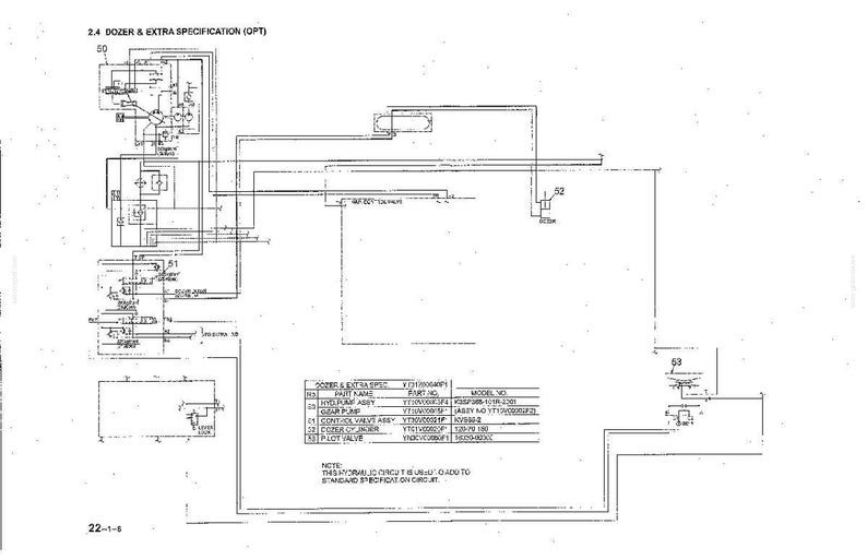 May include: A technical black and white hydraulic circuit diagram titled 2.4 DOZER & EXTRA SPECIFICATION (OPT) featuring schematic symbols, connecting lines, and a parts table listing components like HYD PUMP ASSY, GEAR PUMP, and CONTROL VALVE ASSY.