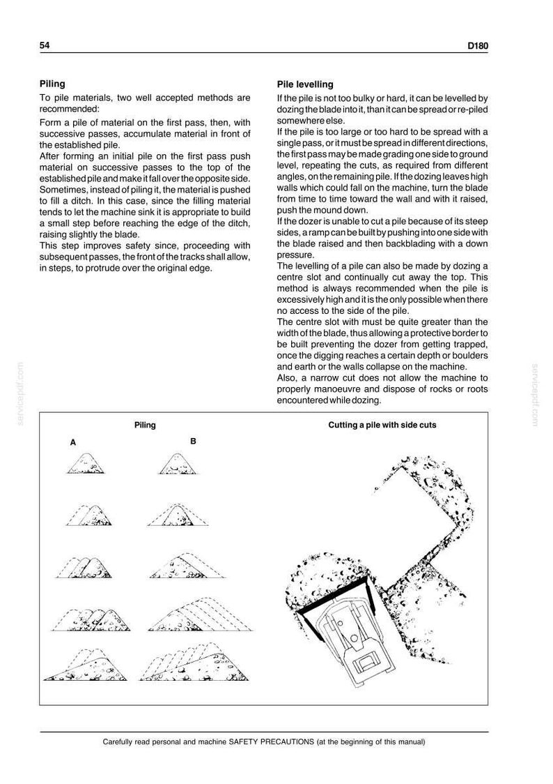 K&ouml;nnte beinhalten: Eine technische Handbuchseite mit der &Uuml;berschrift 54 und D180, die schwarz-wei&szlig;e Diagramme mit den Titeln Piling und Cutting a pile with side cuts zeigt. Sie enth&auml;lt Anweisungen zu Aufsch&uuml;ttungs- und Planiertechniken f&uuml;r Maschinen.