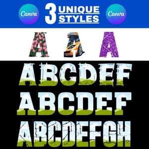 May include: Graphic design featuring the word "Canva" in a blue circle, the words "3 UNIQUE STYLES", and the letters A through H in various styles. One "A" is filled with pink tulips, another with an orange sports car, and a third with a purple glitter texture.