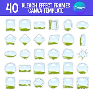 May include: A graphic featuring 40 bleach effect frames in various shapes, including rectangles, ovals, and irregular forms. Each frame has a blue sky and green landscape design, with a torn paper edge. The text "BLEACH EFFECT FRAMES CANVA TEMPLATE" is at the top.
