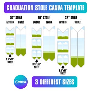 以下が含まれることがあります： 卒業ストール Canvaテンプレートのグラフィック。テンプレートは、127cm、152cm、183cmのサイズのレイヤーデザインとシングルデザインを提供します。デザインはA4シート用です。Canvaのロゴとテキスト「3つの異なるサイズ」も表示されています。