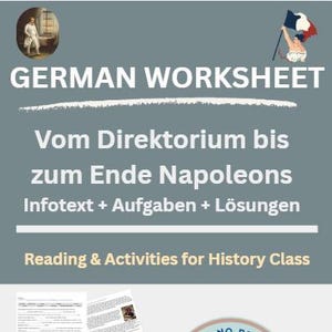 Könnte beinhalten: Ein deutsches Arbeitsblatt mit dem Titel "German Worksheet" und dem Text "Vom Direktorium bis zum Ende Napoleons". Enthält Lese- und Aktivitäten für den Geschichtsunterricht. Verfügt über ein "No Prep"-Abzeichen mit einer Cartoon-Biene.
