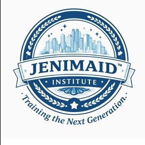 May include: A circular blue logo with the text "JENIMAID INSTITUTE" in a banner, surrounded by a laurel wreath design. The logo features a cityscape silhouette and the phrase "Training the Next Generation."