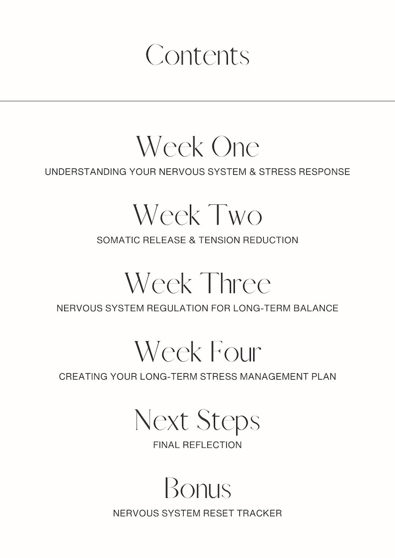 Puede incluir: Una p&aacute;gina color crema con la palabra &laquo;Contents&raquo; en la parte superior. Debajo, el texto enumera los temas: Week One, Week Two, Week Three, Week Four, Next Steps y Bonus. Cada tema tiene una breve descripci&oacute;n en fuente serif.