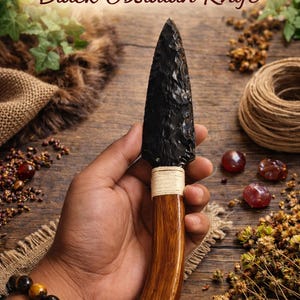 Handcrafted Black Obsidian Knife 10inch | Primitive Stone Blade | Handmade Survival Tool | Wooden Handle Knife | Bushcraft Gift