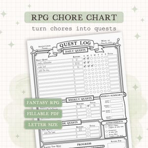 Peut inclure: Un tableau de tâches RPG en noir et blanc avec le texte "RPG CHORE CHART" et "turn chores into quests". Le tableau comprend des sections pour les quêtes quotidiennes et hebdomadaires, les récompenses et les réalisations. C'est un PDF remplissable au format lettre.