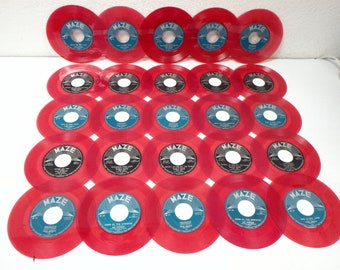 LOT of (25) RED-COLORED 7"/45 rpm Used Vinyl Records For Arts or Crafting w/Red & Black Maze Labels Lot (25)