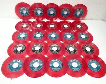 LOT of (25) RED-COLORED 7"/45 rpm Used Vinyl Records For Arts or Crafting w/Red, Green, Black Maze Labels Lot (25)