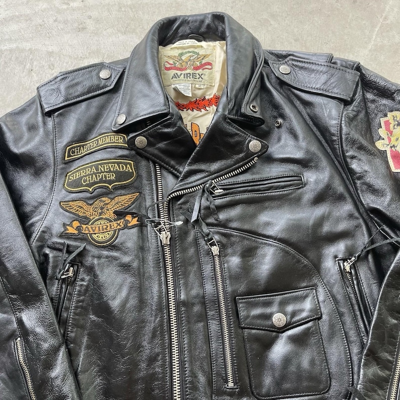 Vintage 90s Avirex Leather Jacket Biker D Pocket Desert Rally Black Jacks Size M image 2