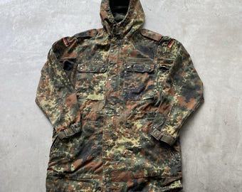 Vintage Duitse legerjas heren M groene Flecktarn regenparka met capuchon jaren 90