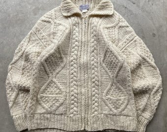 Vintage Andean Hand Knit Wool Zip Sweater Inca Quichua Cable Knit Cardigan M