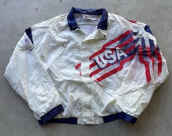 Vintage jaren 90 Reebok USA USTA windjack XL rood wit Olympische Spelen Spellout