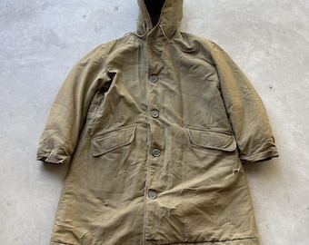 Vintage 40s Parka WW2 N1 USN Navy Deck Coat Jacket Hood L/XL Alpaca Lined