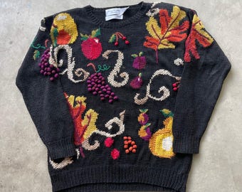 Marisa Christina Classics Hand gestrickte Obst Herbst Blatt Ernte Pullover Schwarz