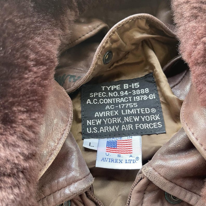Vintage Avirex jacka herr stor brun läder B-15 G2 bomberjacka med päls, flyg 90-tal bild 3