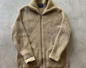 Gilet vintage Pendleton en laine Shetland, fermeture éclair intégrale, beige, taille XL, fabriqué aux États-Unis.