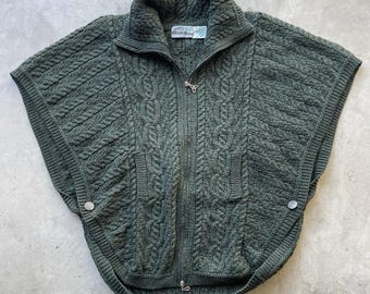 ARAN CRAFTS Pull pour femme S/M, vert poncho-poncho zippé en laine mérinos 100 % laine torsadée