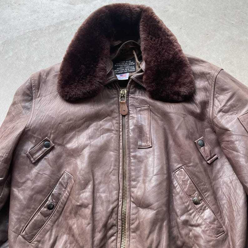 Vintage Avirex jacka herr stor brun läder B-15 G2 bomberjacka med päls, flyg 90-tal bild 2