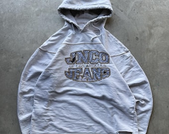 Vintage jaren 90 Jnco hoodie heren XL crème geborduurd Y2K noodlijdende tribale VS gemaakt