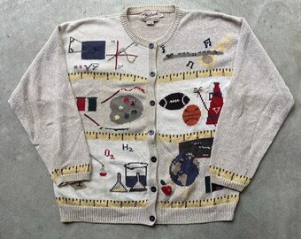 Cardigan vintage Woolrich Graphic, maglione da uomo in maglia stile accademico, artistico e scientifico, taglia L.