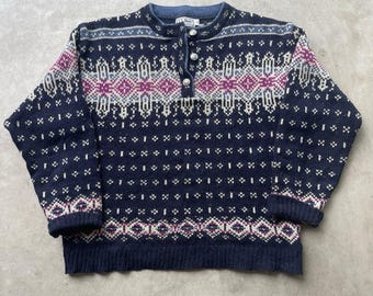 Jersey Henley nórdico Fair Isle de lana gruesa vintage de L.L. Bean, talla L, Noruega, años 90.