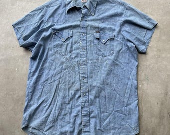 Vintage Lee Chambray Western Shirt USA Pearl Snap Faded Workwear 60s 18-34