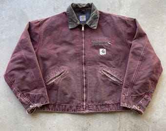 Vintage Carhartt Detroit jas deken gevoerd J65 BRK rood maat XL/2XL vervaagd