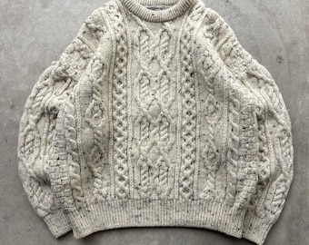 Jersey vintage de los 80 de estilo celta campestre, 100% lana, de punto trenzado irlandés, con motas, talla XL.