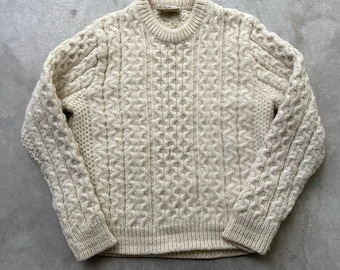 Vintage Gaeltarra Irish Sweater Wool Fisherman Cable Knit Ivory Aran XS
