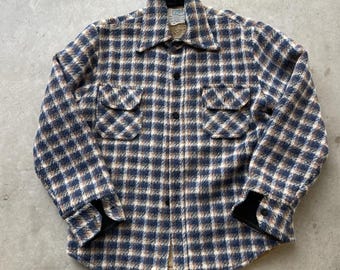 Vintage Kmart-shirtjas heren L blauw bruin geruite sherpa gevoerd knopen jaren 70