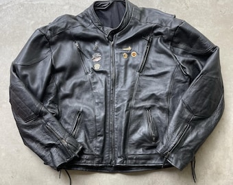 Vintage zwaargewicht gewatteerde leren motorjas jaren 90 zwart SZ XXL/3XL Harley