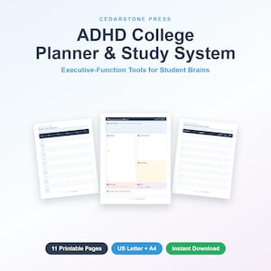 Può includere: Un pianificatore di studi ADHD College Planner & Study System di Cedarstone Press con tre layout di pagine stampabili, inclusi un programma settimanale e un tracker dei compiti, con etichette 11 Printable Pages, US Letter + A4, Instant Download.