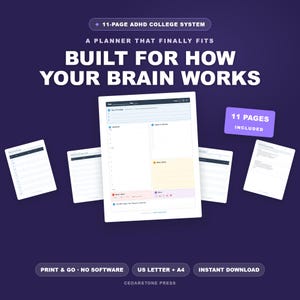 Op de afbeelding: Een 11-pagina ADHD college systeemplanner op een donkerpaarse achtergrond. De tekst luidt 11-PAGE ADHD COLLEGE SYSTEM, A PLANNER THAT FINALLY FITS, BUILT FOR HOW YOUR BRAIN WORKS, 11 PAGES INCLUDED, PRINT & GO, NO SOFTWARE, US LETTER + A4.