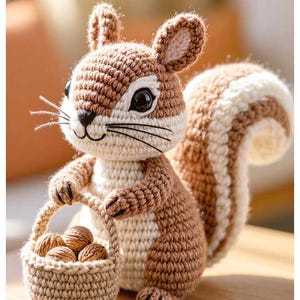 May include: A crocheted squirrel figurine in shades of brown and cream, holding a small basket filled with nuts. The squirrel has a fluffy tail and detailed facial features, including black eyes and whiskers. The amigurumi is handmade.
