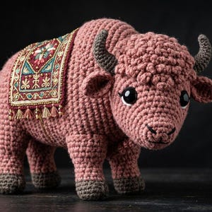 May include: A handmade crochet yak in dusty rose with dark gray horns and hooves. The yak has a decorative saddle blanket with a colorful, intricate design. The yak is a soft sculpture, perfect for home decor or as a unique gift.