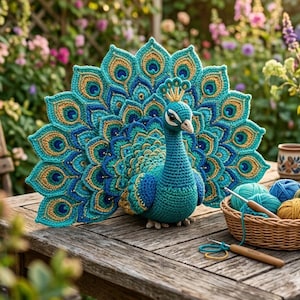 Puede incluir: Un pavo real de ganchillo hecho a mano, con plumas azules, turquesas y doradas desplegadas. Está posado sobre una mesa de madera, con una cesta de hilo y ganchillos. El fondo muestra un jardín con flores y luz suave, creando una escena serena.