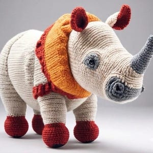 May include: A handcrafted, plush rhino toy. The rhino is primarily off-white with red, orange, and gray accents. It features a detailed crochet design, with red feet and ears, and an orange and red mane. The rhino has a gray horn.