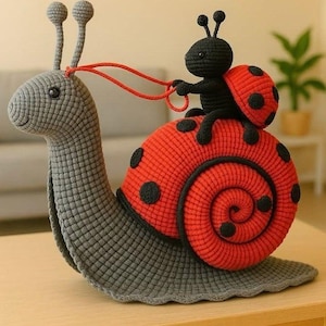 Peut inclure: Un escargot crocheté gris avec une coquille rouge ornée de pois noirs, portant une coccinelle noire et rouge. La coccinelle est attachée à l'escargot par une ficelle rouge. Jouet fait main, idéal pour les enfants.
