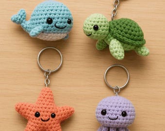 Ocean Friends Amigurumi Häkelanleitung Bundle, Mini Schlüsselanhänger PDF, Anfänger Spielzeug