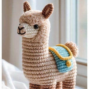May include: A crocheted llama figurine in shades of beige and brown. The llama has a detailed design, including a blue and yellow saddlebag. The image is well-lit, showcasing the texture of the yarn and the craftsmanship of the handmade item.