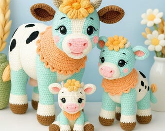 Amigurumi Kuh Häkelanleitung Bundle Pastell Mint Bauernhof Familie Plüschtier PDF